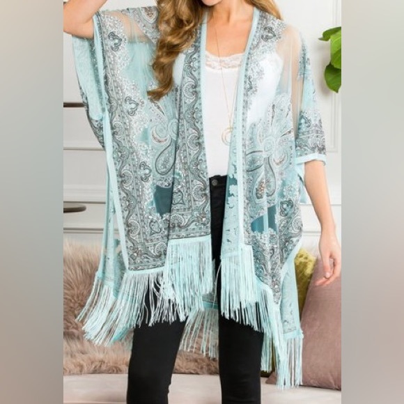 Rush Fashion Mint Paisley Fringe Kimono - Picture 2 of 5